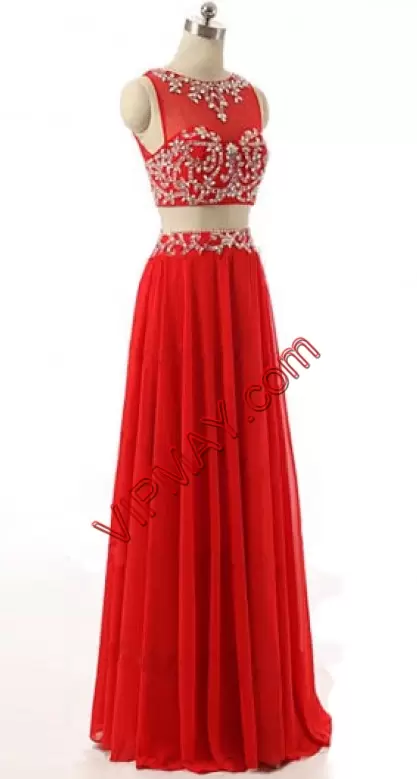 Beading Dress for Prom Red Clasp Handle Sleeveless Floor Length