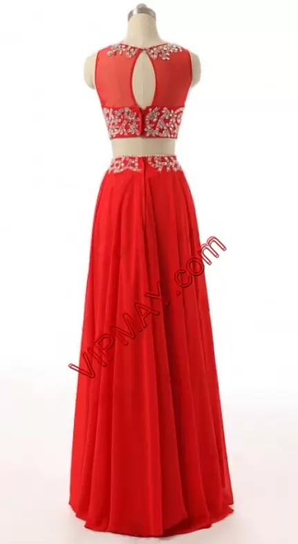 Beading Dress for Prom Red Clasp Handle Sleeveless Floor Length