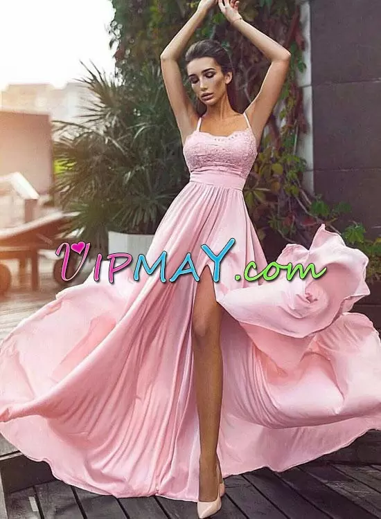 Sophisticated Chiffon Spaghetti Straps Sleeveless Lace Up Lace Homecoming Dress in Pink