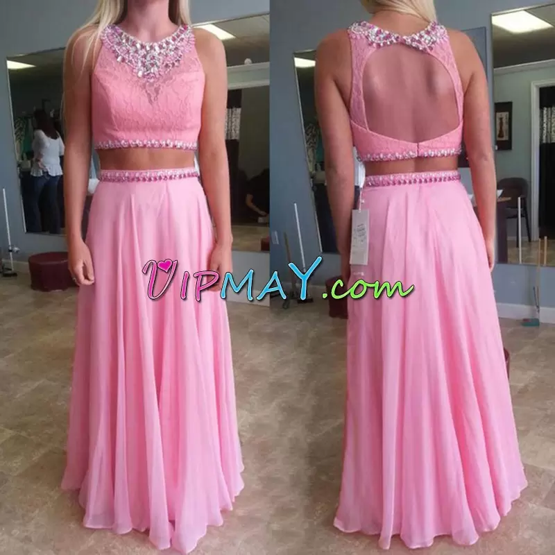 Inexpensive Pink Sleeveless Chiffon Backless Prom Gown for Prom and Party and Military Ball