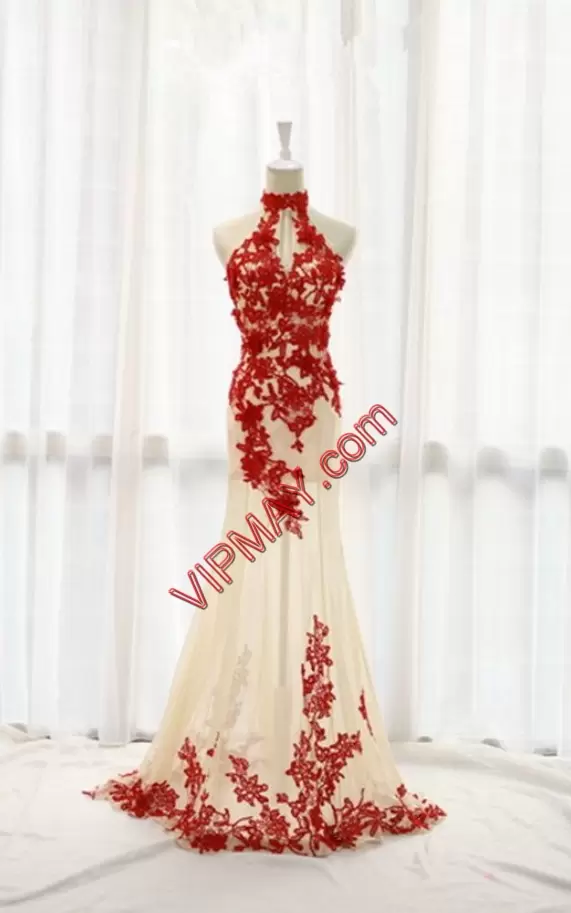 Inexpensive Red Sleeveless Satin and Tulle Sweep Train Lace Up Prom Gown for Prom and Party and Wedding Party