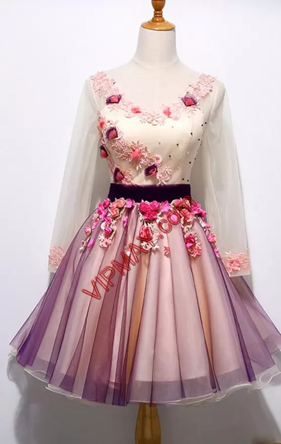 Lovely Long Sleeves V-neck Hand Made Flower Lace Up Junior Homecoming Dress
