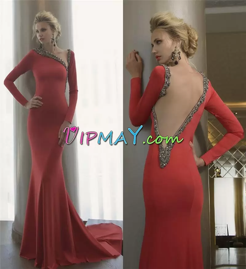 Inexpensive Red Asymmetric Neckline Beading Prom Party Dress Long Sleeves Backless