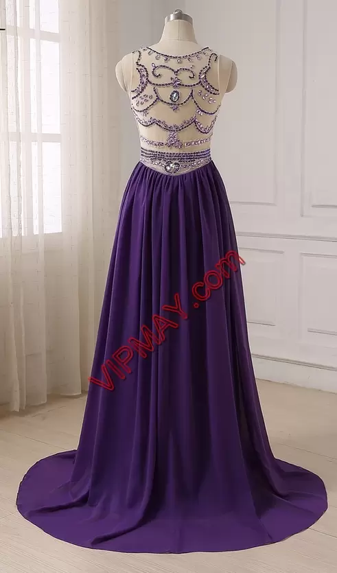 Purple Chiffon Side Zipper Prom Dresses Sleeveless Floor Length Sweep Train Beading