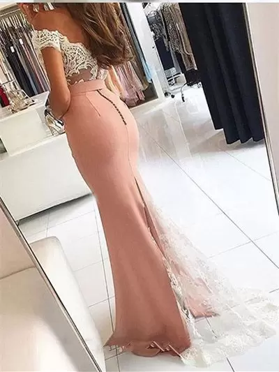 Deluxe White and Peach Sleeveless Floor Length Beading and Lace Lace Up Prom Gown Off The Shoulder