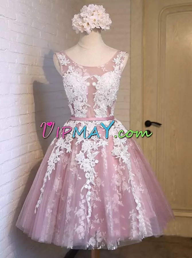 Elegant Pink A-line Tulle Scoop Sleeveless Appliques Mini Length Lace Up Homecoming Dress