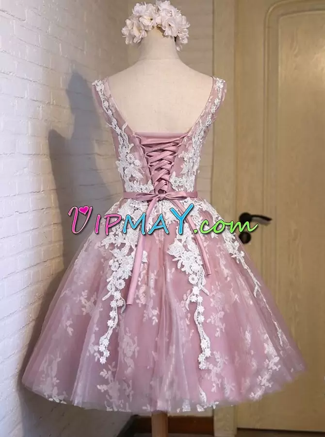 Elegant Pink A-line Tulle Scoop Sleeveless Appliques Mini Length Lace Up Homecoming Dress