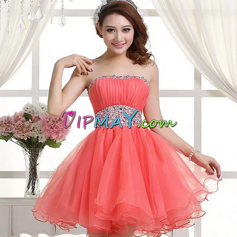 Dramatic Pink A-line Beading and Ruching Prom Dresses Zipper Tulle Sleeveless Mini Length