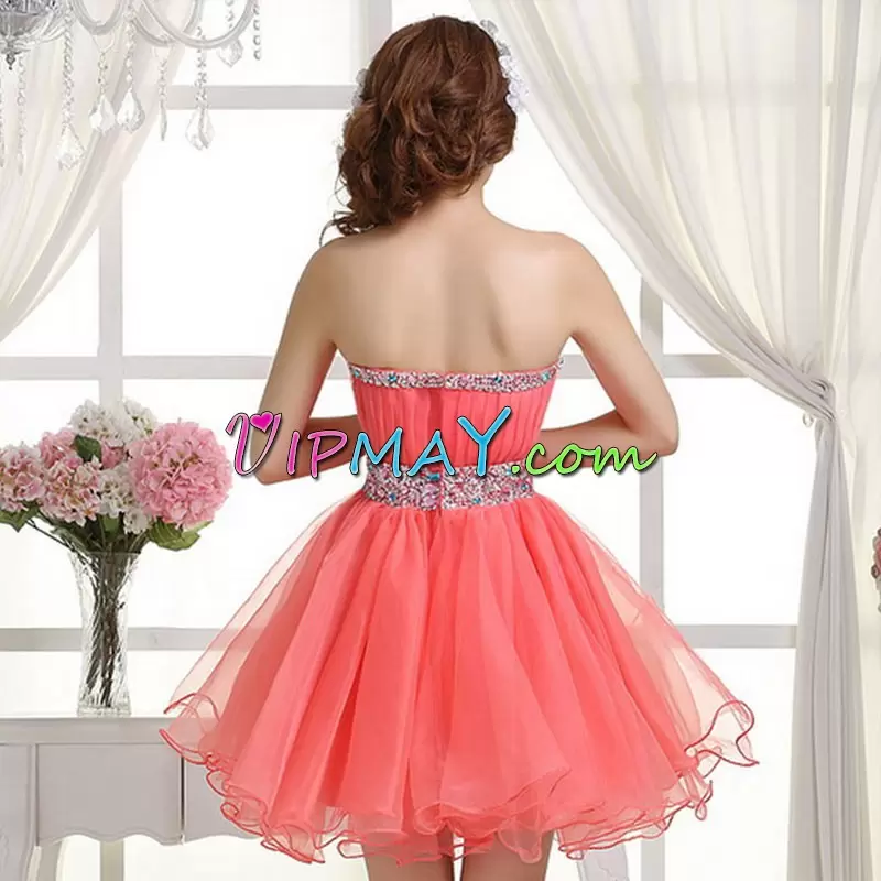 Dramatic Pink A-line Beading and Ruching Prom Dresses Zipper Tulle Sleeveless Mini Length