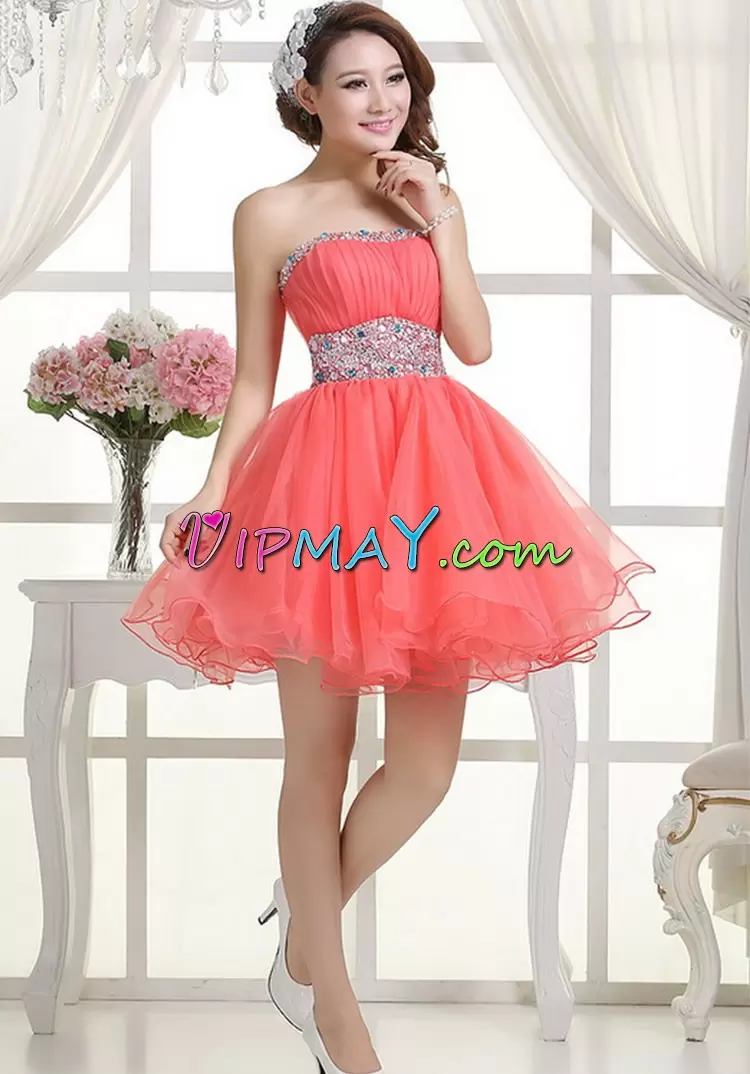 Dramatic Pink A-line Beading and Ruching Prom Dresses Zipper Tulle Sleeveless Mini Length