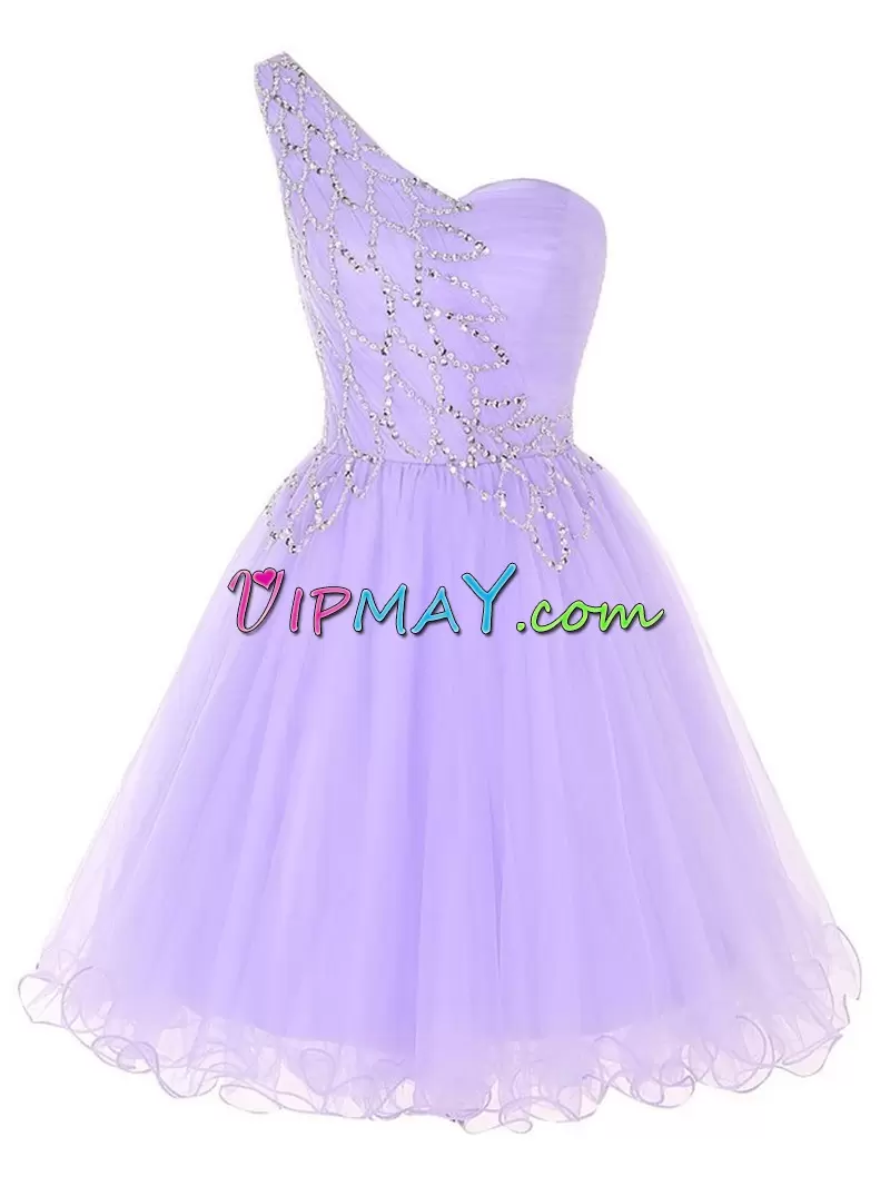 Lavender Sleeveless Mini Length Beading and Ruching Zipper Prom Gown One Shoulder