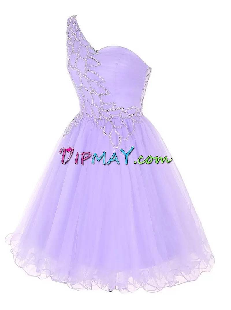 Lavender Sleeveless Mini Length Beading and Ruching Zipper Prom Gown One Shoulder