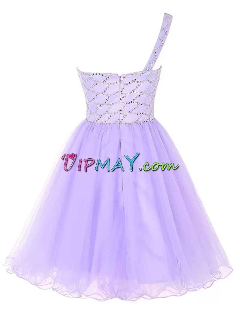 Lavender Sleeveless Mini Length Beading and Ruching Zipper Prom Gown One Shoulder