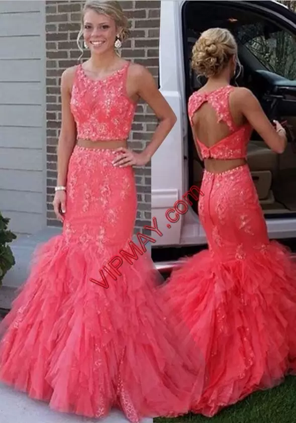 Hot Sale Tulle Sleeveless With Train Prom Evening Gown Sweep Train and Beading and Appliques and Ruffles