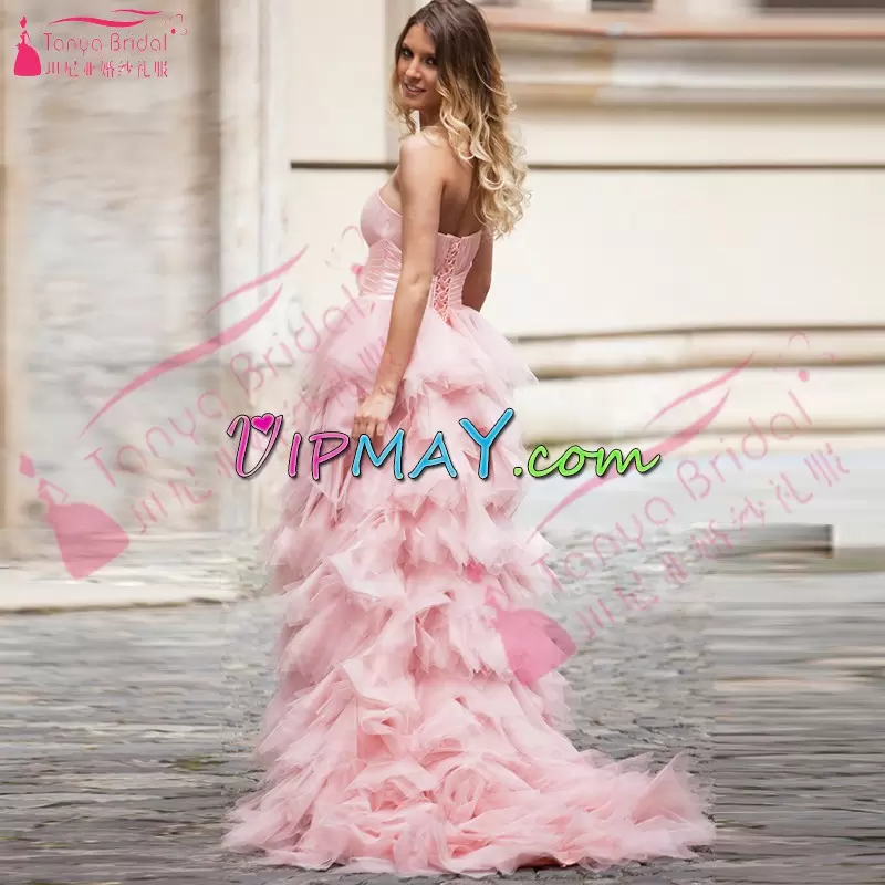 Designer Baby Pink Organza and Tulle Lace Up Strapless Sleeveless High Low Prom Dresses Ruffles and Bowknot