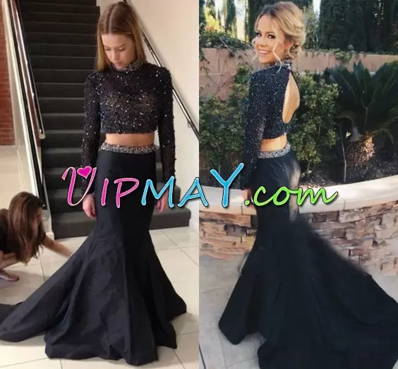 Vintage Black Two Pieces Sweetheart Sleeveless Satin Floor Length Sweep Train Lace Up Beading and Lace Prom Dresses