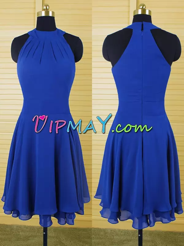 Stunning Mini Length Red and Royal Blue Dress for Prom Halter Top Sleeveless Zipper