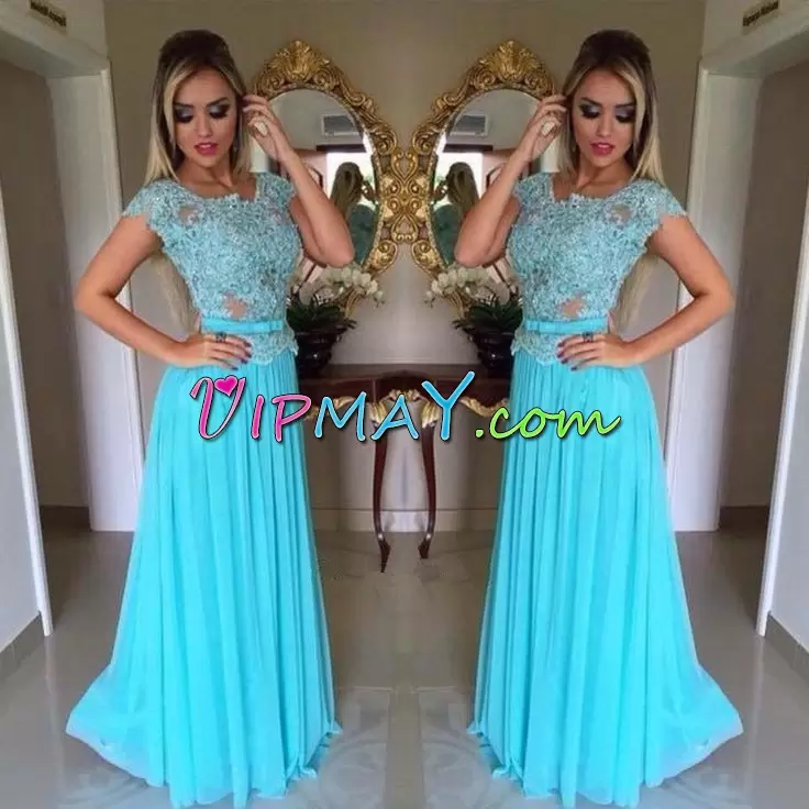 Extravagant Floor Length Lace Up Dress for Prom Blue for Prom and Party with Lace and Belt