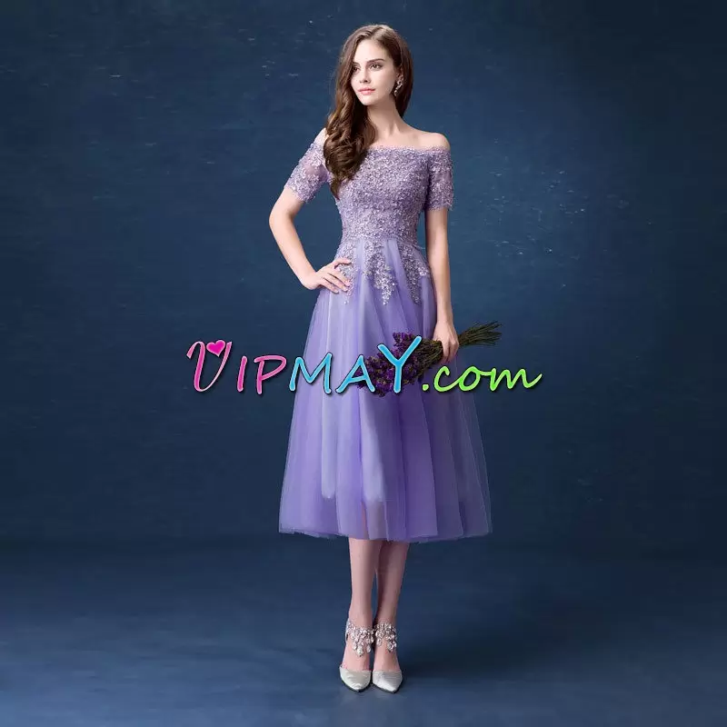 Tea Length Lavender Homecoming Dress Off The Shoulder Sleeveless Zipper