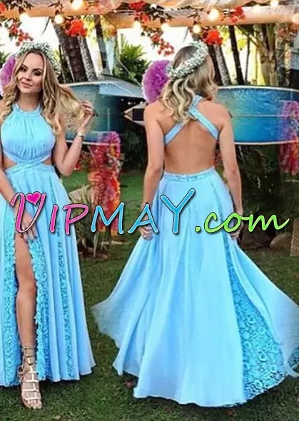 Halter Top Sleeveless Backless Lace Prom Dresses in Blue