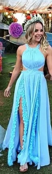 Halter Top Sleeveless Backless Lace Prom Dresses in Blue