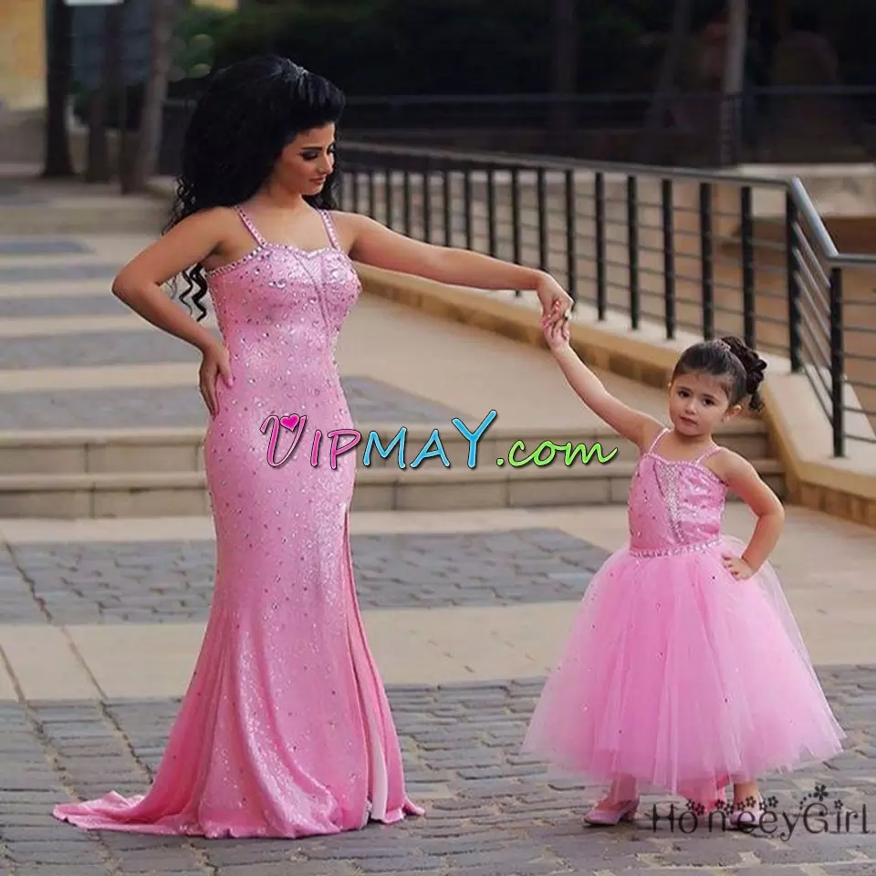 Sleeveless Floor Length Beading and Lace Lace Up Evening Wear with Peach Sweep Train