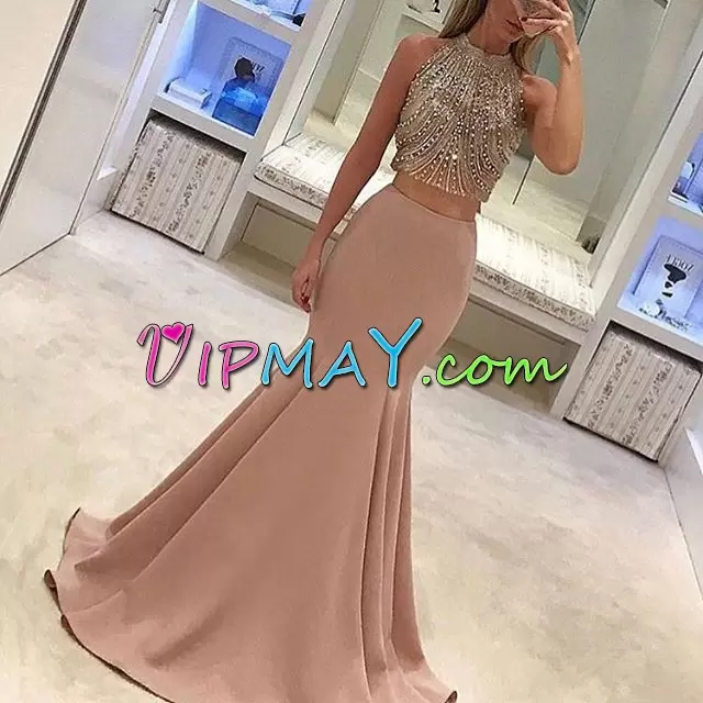 Adorable Pink Prom Party Dress Satin Sweep Train Sleeveless Beading