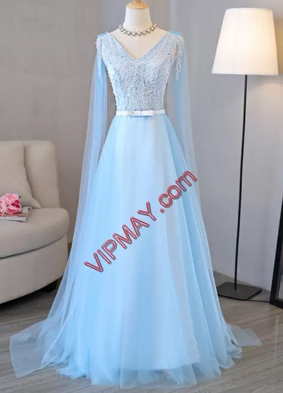Fine Light Blue A-line Tulle V-neck Sleeveless Beading and Bowknot Floor Length Lace Up Homecoming Dress