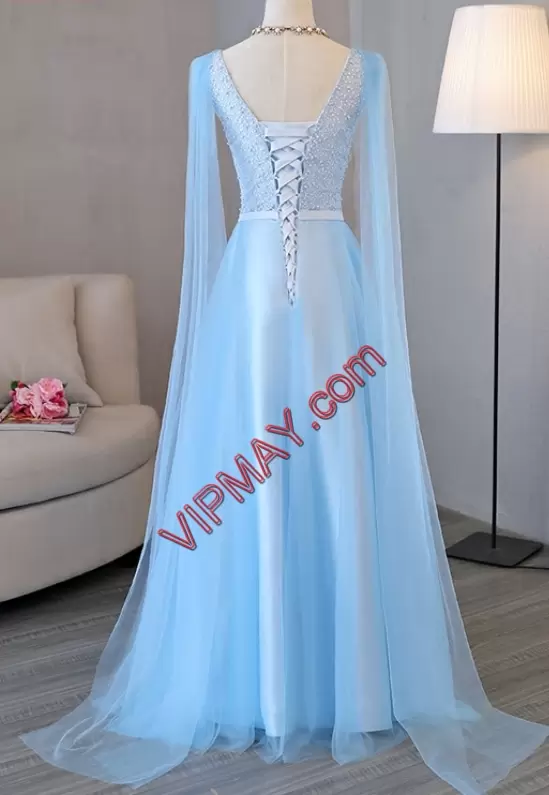 Fine Light Blue A-line Tulle V-neck Sleeveless Beading and Bowknot Floor Length Lace Up Homecoming Dress