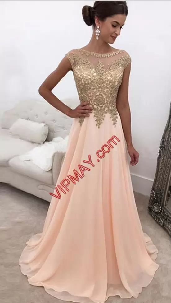 Dazzling White and Pink and Peach Satin and Chiffon Lace Up Homecoming Party Dress Sleeveless Floor Length Sweep Train Beading and Lace