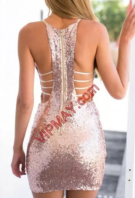 Custom Designed Pink Dress for Prom Prom and Party with Sequins V-neck Sleeveless Zipper