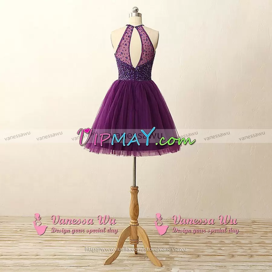 Custom Design Eggplant Purple A-line Bateau Sleeveless Tulle Mini Length Zipper Beading Prom Gown