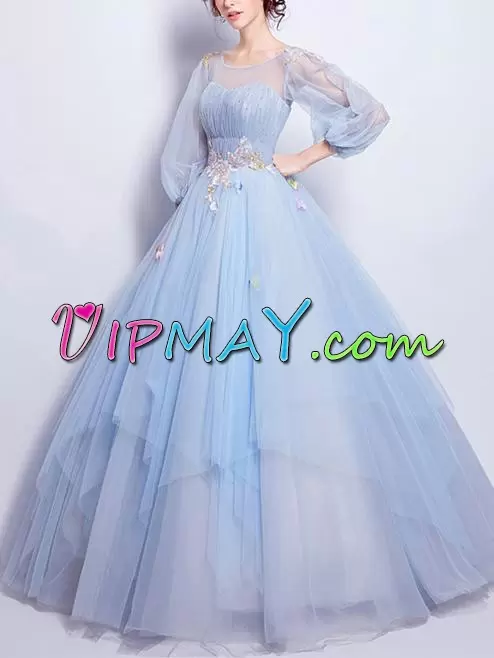 Turquoise Long Sleeves Organza and Tulle Lace Up Homecoming Gowns for Prom and Party