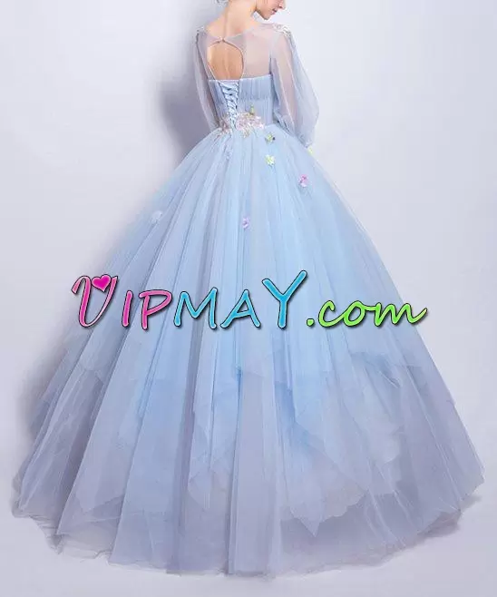 Turquoise Long Sleeves Organza and Tulle Lace Up Homecoming Gowns for Prom and Party