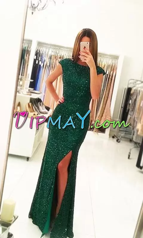 Floor Length Dark Green Dress for Prom Bateau Cap Sleeves Backless