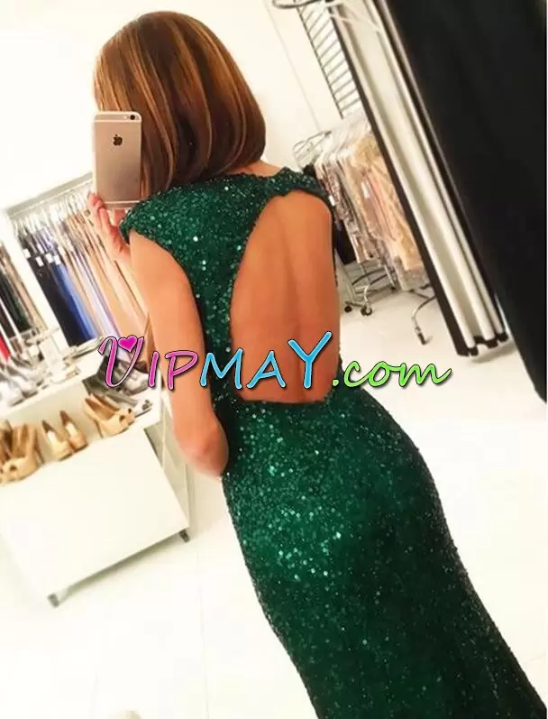 Floor Length Dark Green Dress for Prom Bateau Cap Sleeves Backless