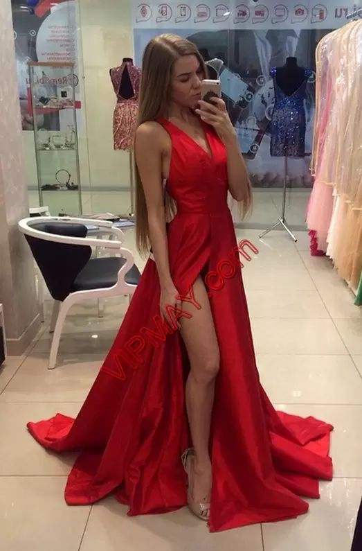 Custom Fit Red A-line Ruching Evening Dress Satin Sleeveless Floor Length