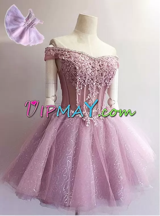 Extravagant Pink Off The Shoulder Neckline Lace Prom Gown Sleeveless Lace Up