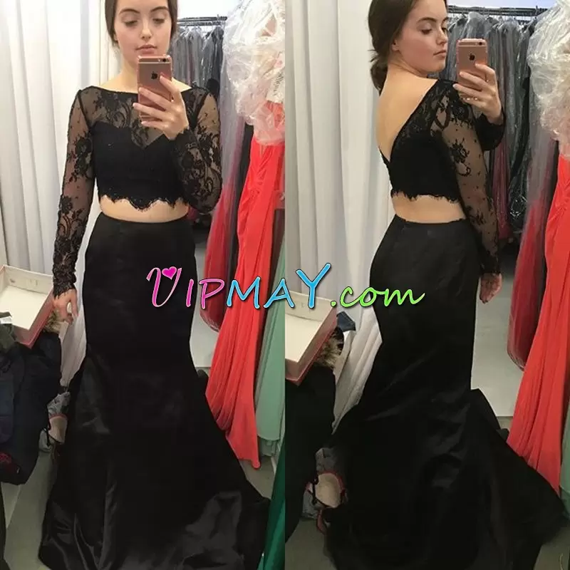 Scoop Long Sleeves Backless Homecoming Gowns Black Satin Lace