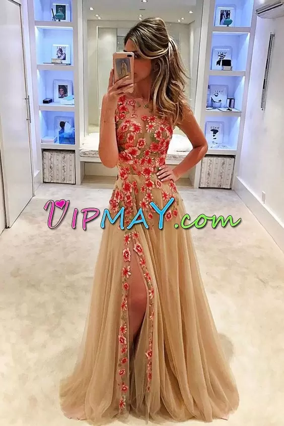 Champagne Lace Up Scoop Appliques Prom Dresses Tulle Sleeveless