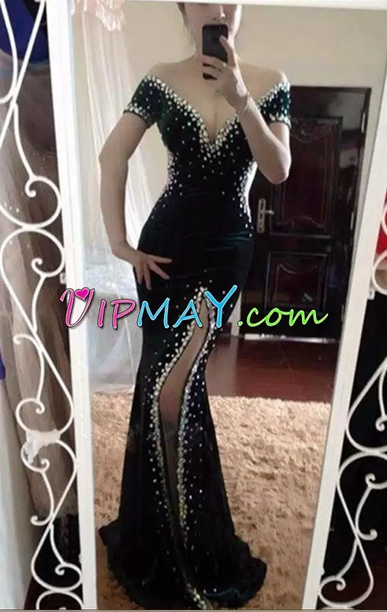 Popular Mermaid Short Sleeves Black Prom Homecoming Dress Brush Train Lace Up