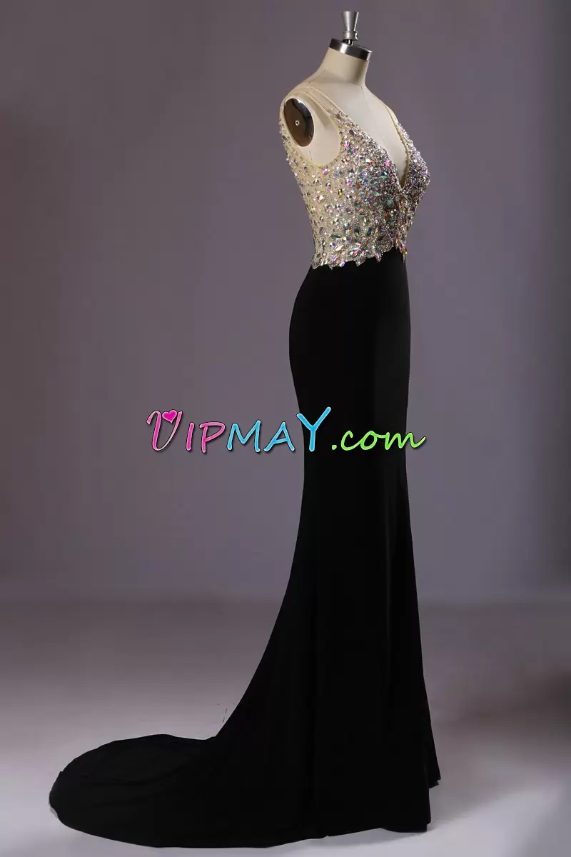 Black V-neck Neckline Beading Prom Evening Gown Sleeveless Backless