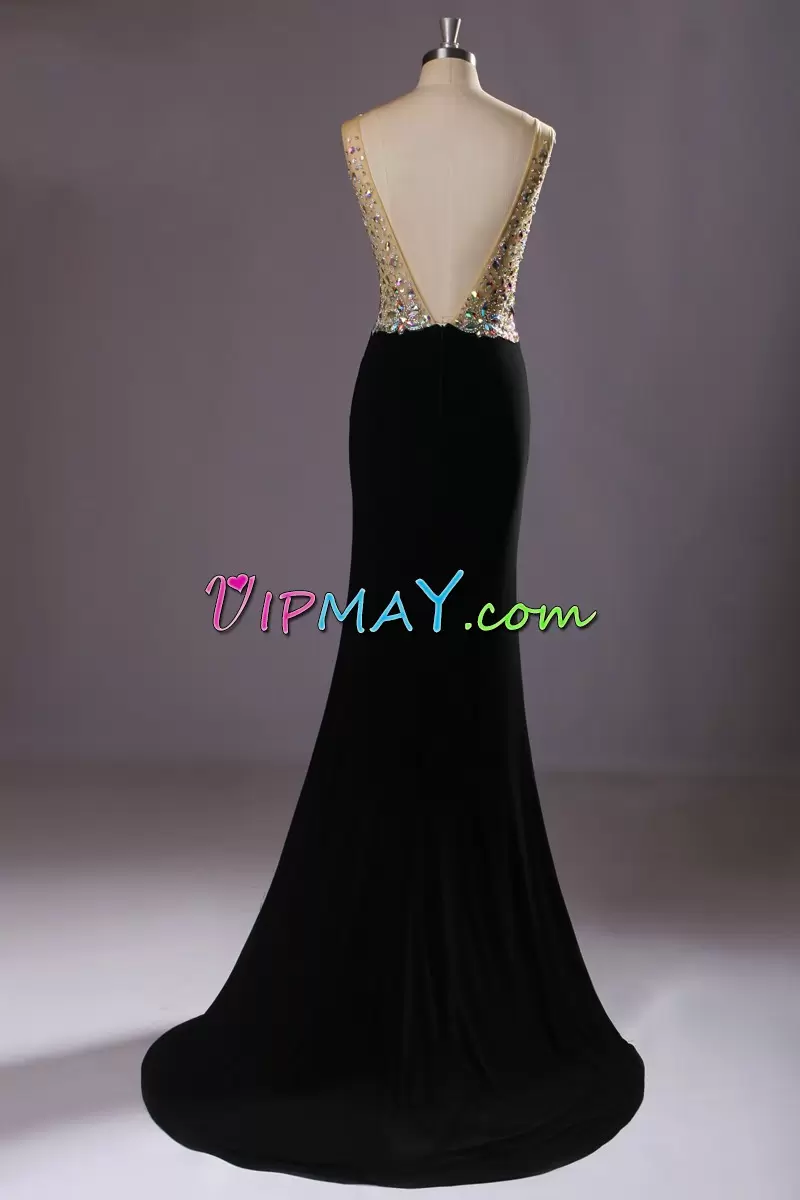 Black V-neck Neckline Beading Prom Evening Gown Sleeveless Backless