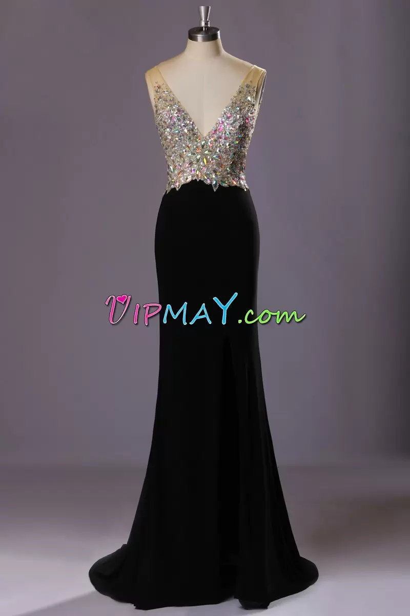 Black V-neck Neckline Beading Prom Evening Gown Sleeveless Backless