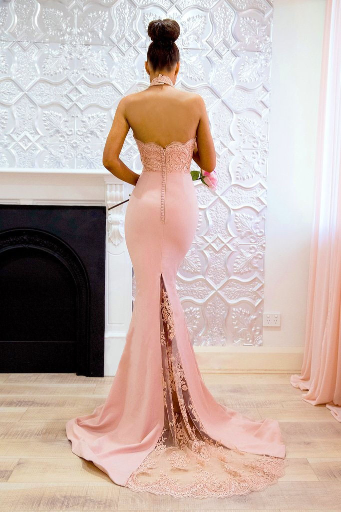 bodycon homecoming dress,mermaid bodycon homecoming dress,tight fitted formal dress,light pink tight homecoming dress,long pink homecoming dress,mermaid dress for homecoming,mermaid homecoming dress,halter neck semi formal dress,halter style homecoming dress,homecoming dress with train,