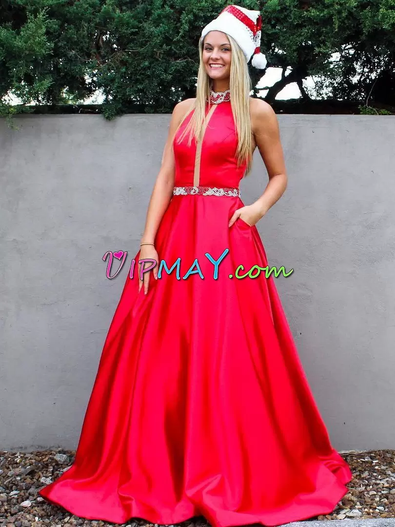 red satin homecoming dress,red satin floor length dress,christmas party formal dress,long christmas party dress,high neck halter homecoming dress,high neck homecoming dress,high neck homecoming dress cheap,formal dress with cutouts,formal gown with pockets,homecoming dress with pockets,satin mother of the groom dress,satin homecoming dress,