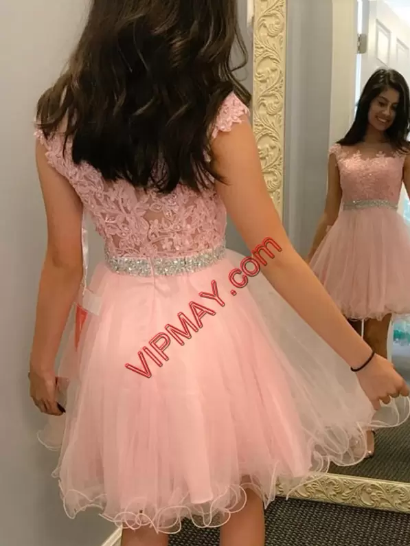 Mini Length Baby Pink Homecoming Dress Tulle Cap Sleeves Beading and Lace