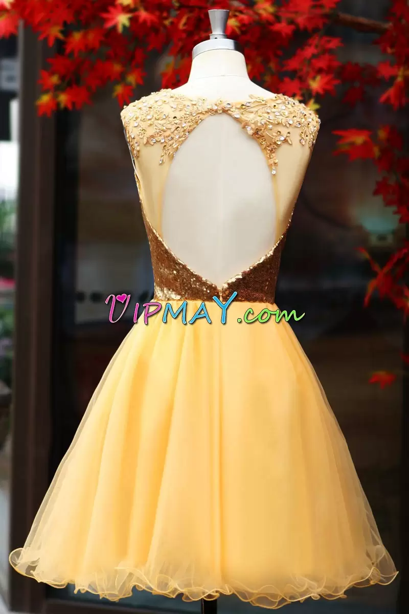 Eye-catching Mini Length Yellow Prom Gown Tulle and Sequined Sleeveless Appliques and Sequins