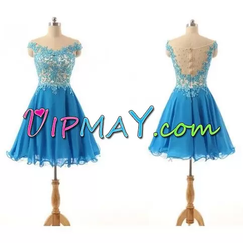 Mini Length Blue Prom Gown Chiffon Sleeveless Beading and Appliques and Ruching
