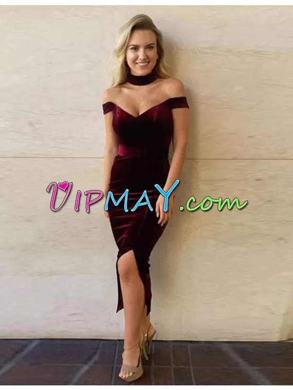 Modern Burgundy Lace Up Off The Shoulder Sleeveless Tea Length Prom Gown Ruching